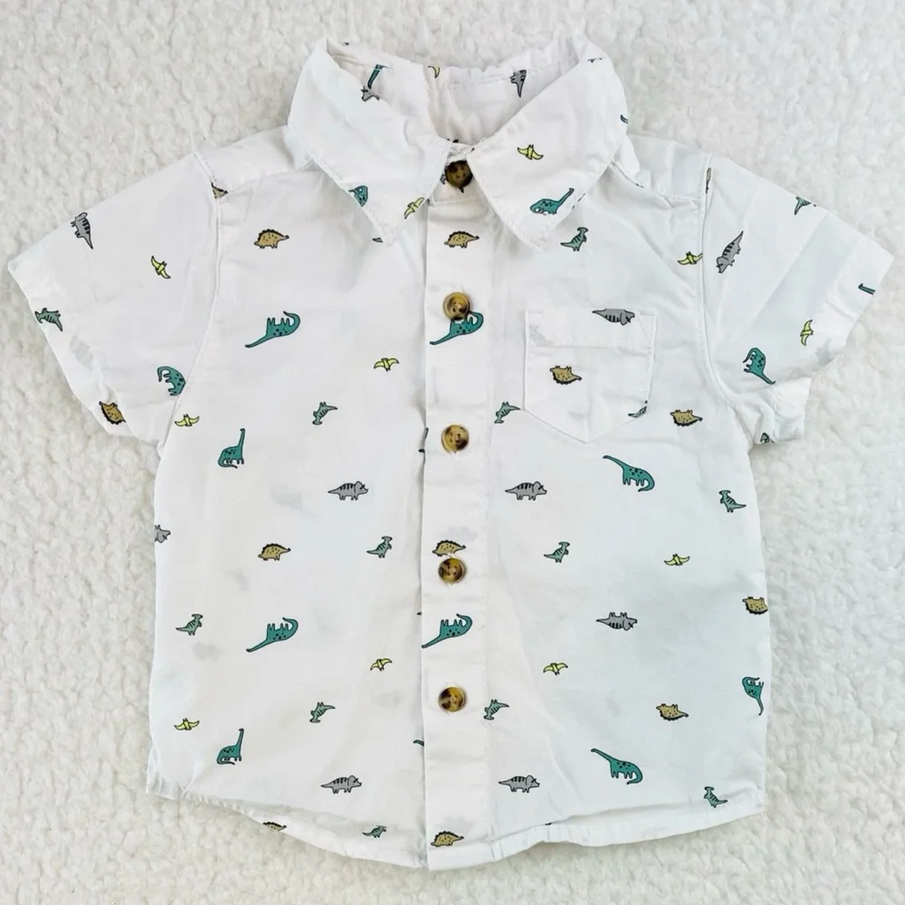 CARTER’S • White/Multi Dinosaur Print Button-Down Short Sleeve Shirt, 3M